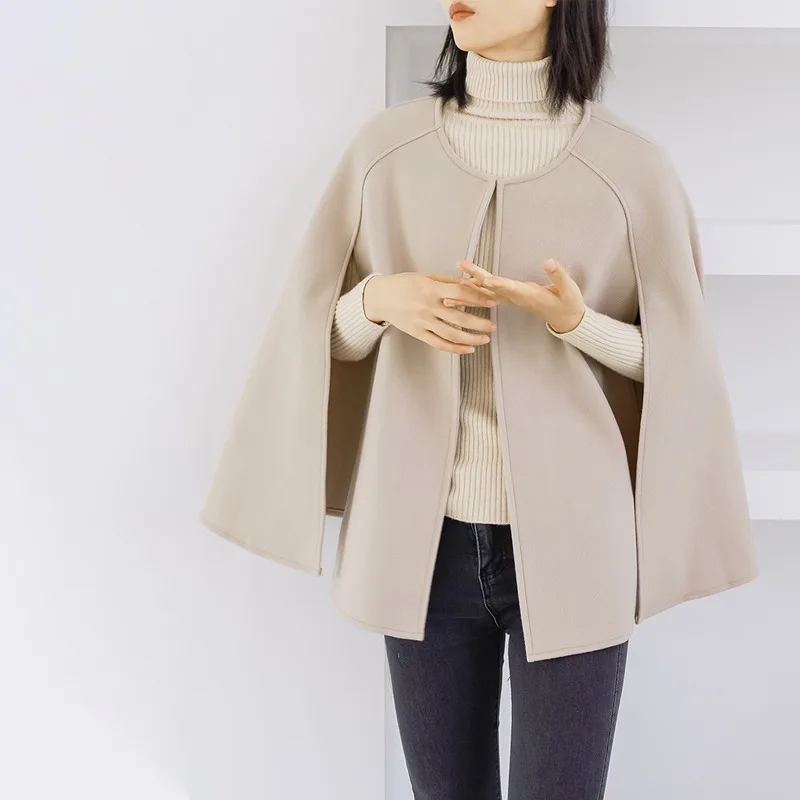 

Ladies Large Size Woolen awl Coat Pure Color Autumn Winter Korean Sle Vintage Personalized Cowl Ne Jaet