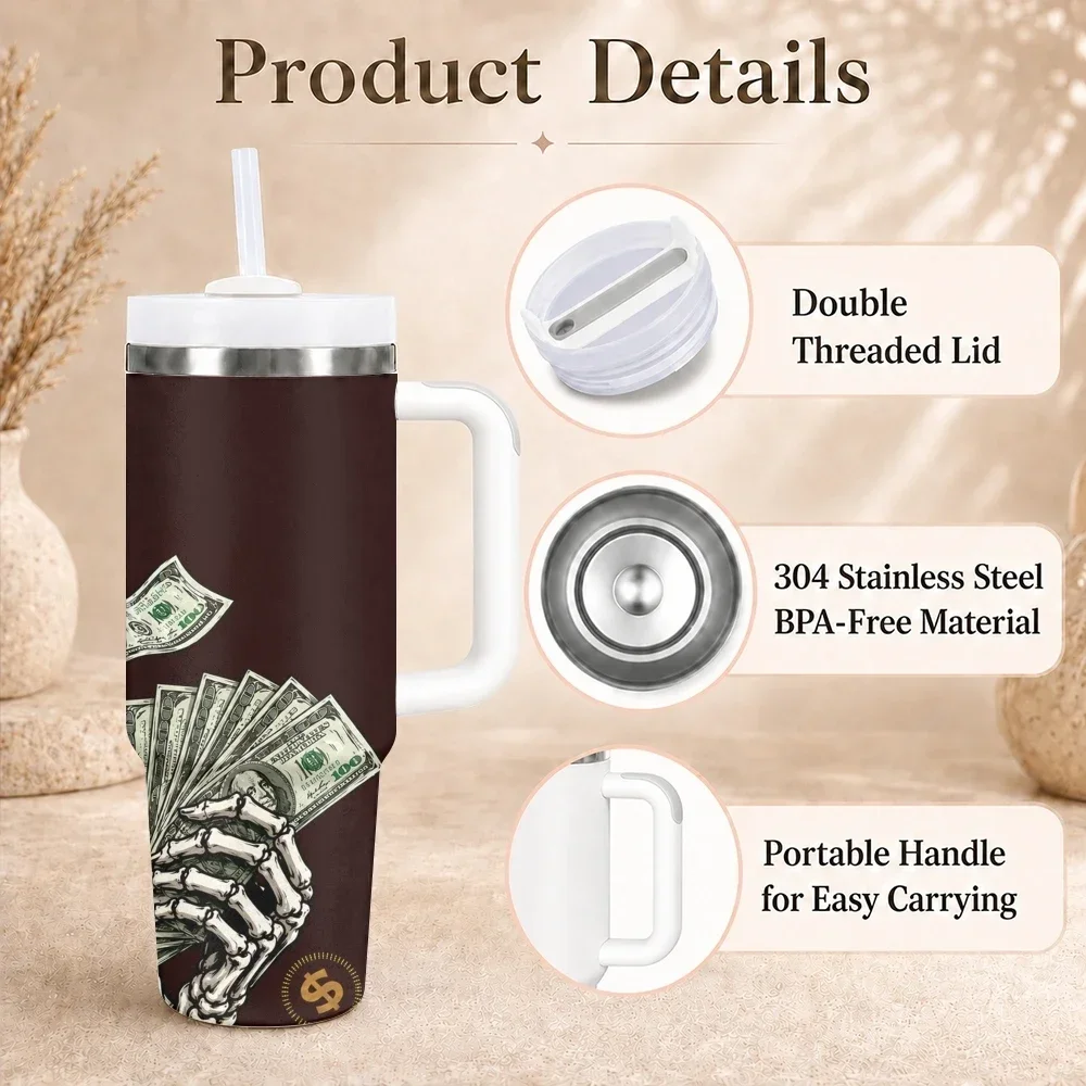 Skeletons and Money Vacuum Flasks 40oz Stainless Steel Insulated Tumbler with Handle & Straw Leakproof Travel Mug