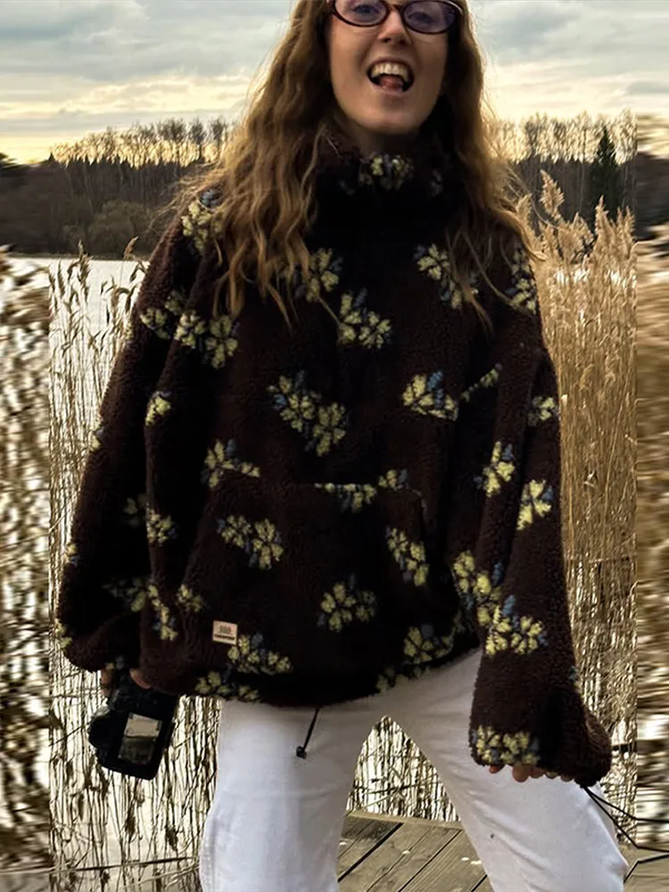 2025, weibliche Herbst Chic Casual Urlaub Hoodies Mode Gedruckt Lammfell Hoodie Frauen Warme Volle Hülse Zipper Tasche Lose Top