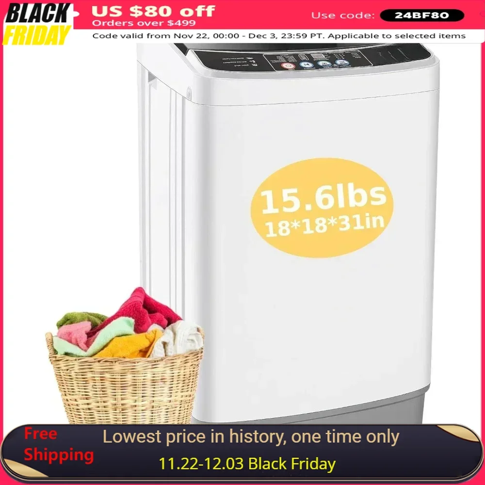 Portable Washing Machine, 15.6 Lbs with Drain Pump & LED Display & 10 Programs & 8 Water Levels, 2.1 Cu.ft Laundry Washer