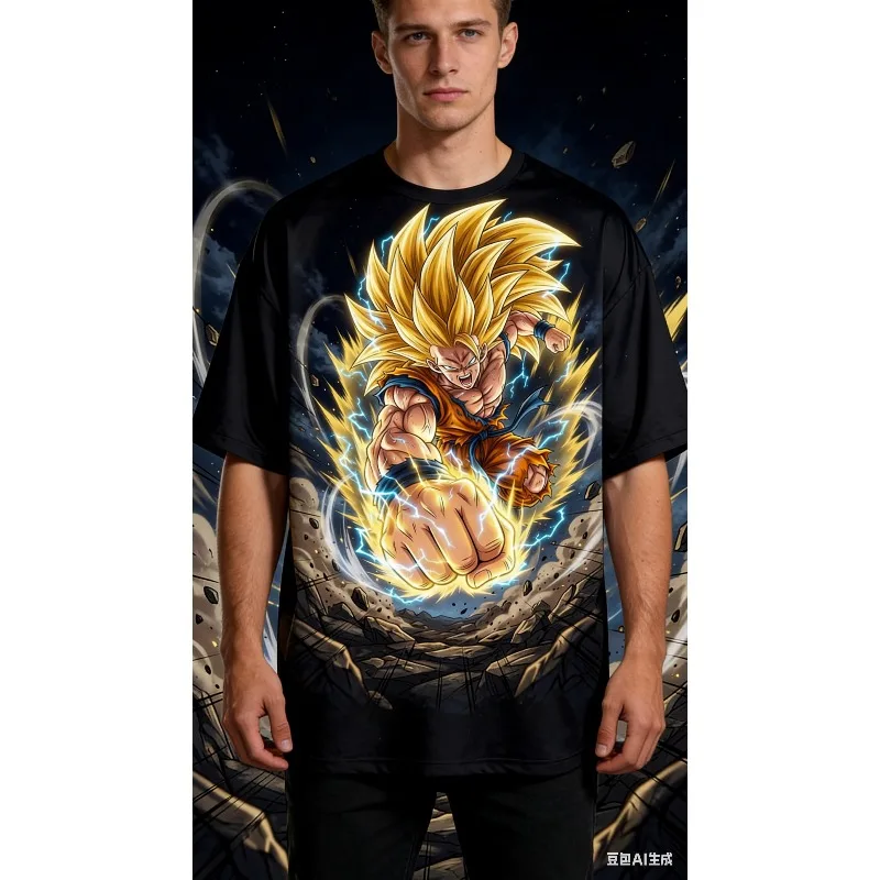 

Футболка оверсайз Dragon Ball Z Goku Super Saiyan 3 с полной сублимационной печатью и принтом «Золотая молния» для мужчин, повседневная уличная одежда
