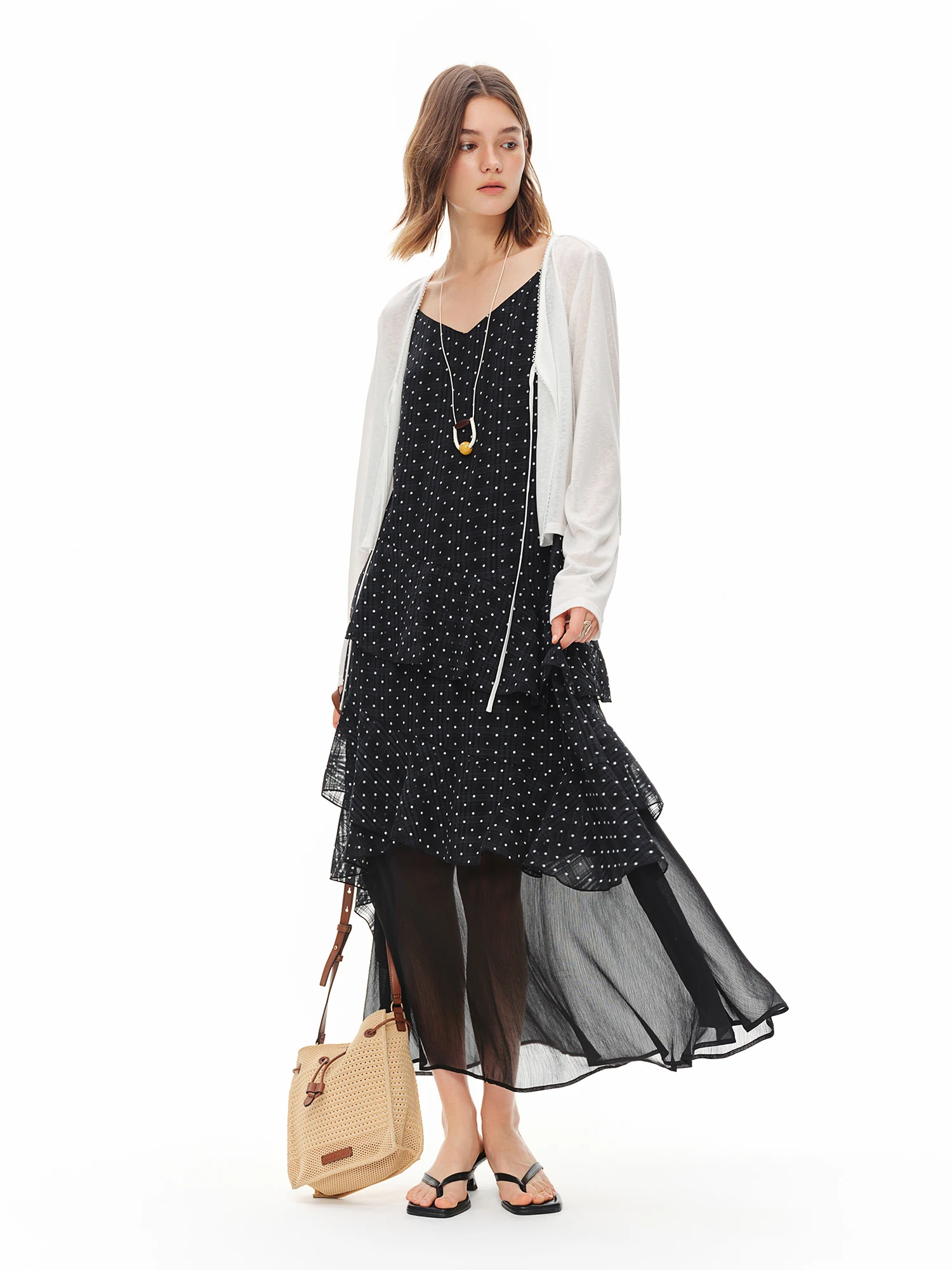 DUSHU Damen Französisches Polka-Dot-Midikleid aus Mesh, Sommer 2026, V-Ausschnitt, hohe Taille, A-Linie, lässiges schwarzes Slip-Kleid, modisch – Detail 5