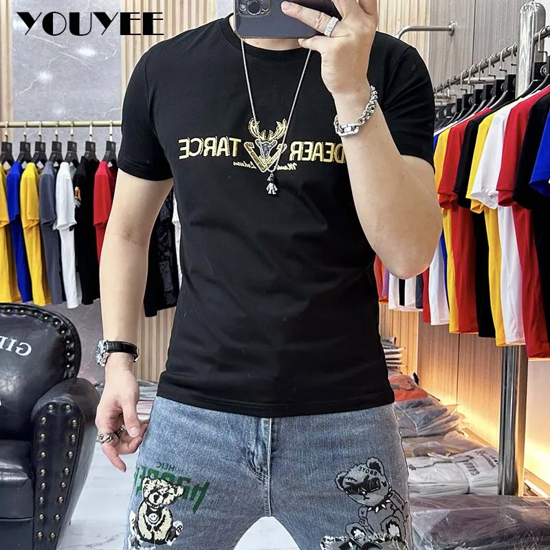 Men\'s T-shirt Gold Letter Printing High-quality Male Tees Round Neck Summer Fashion Trend Slim Fit Silky Cotton Top Man Clothing