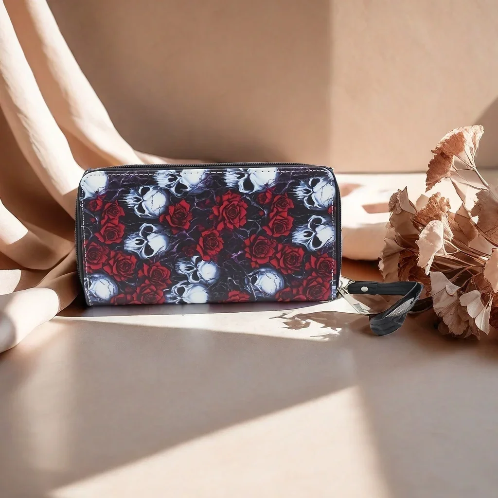 Avant-garde punk Halloween ladies gothic long wallet, vintage skull Y2K roses, women's clutch, print position random, zipper pos
