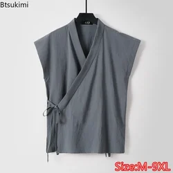 Chinese Traditional Clothes Men's Cotton Linen Tank Tops Sleeveless Tang Suit Tops Kimono Cardigan Solid Vintage Hanfu Vest Male