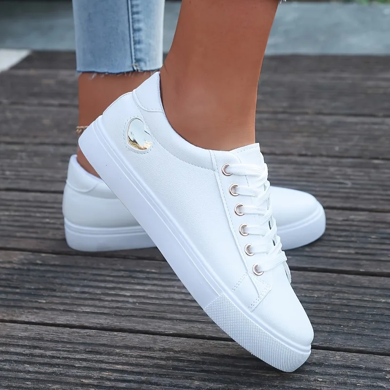 

1 Pair Four Seasons Love Solid Color White Shoes for Women, New Fashionable and Versatile Flat Shoes with Leather Surface