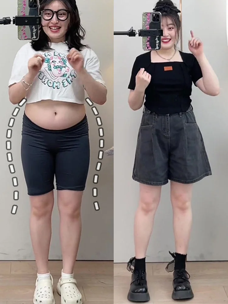 

High Waist Straight Leg Jeans Shorts Women's Summer Slimming Denim Five-Pointed Flared Cuffed plus Size Hot Pants