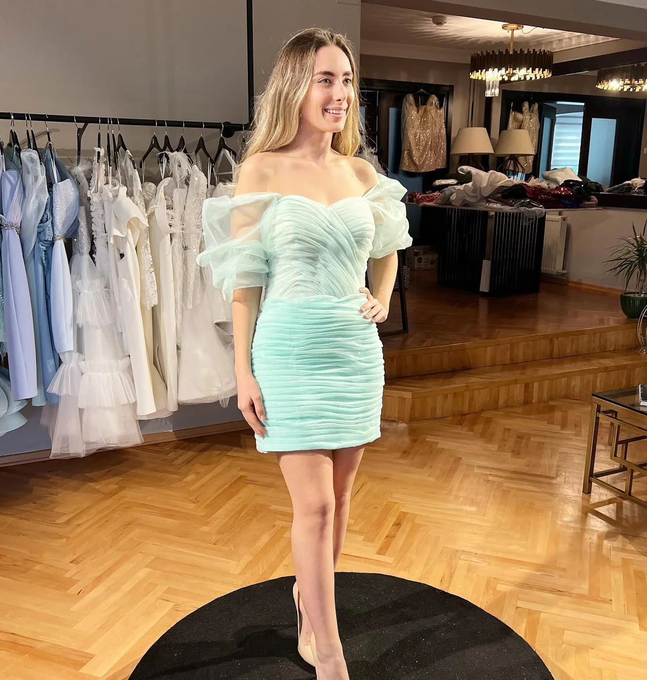 

ROSELLA Mint Green Sequins Prom Dresses Puff Sleeves Homecoming Graduation Dress Off Shoulder Short Cocktail Party Dress