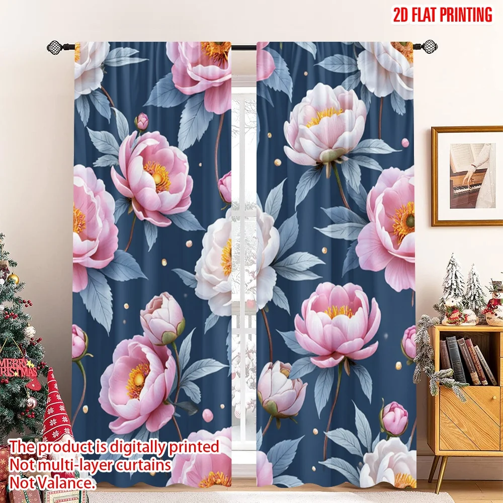 2pcs 2D flat printing Curtains Peony Flower Pink White Digital Printed Polyester Drapes Birthday Party for Festive Portraits and