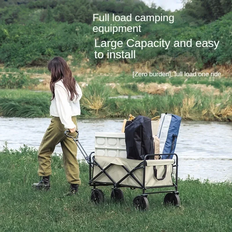 Outdoor Trolley with Lift Adjustable Rod & Table Board Camper Foldable Trailer Pull Rod Rear Wagon Cart for Picnic Trolley