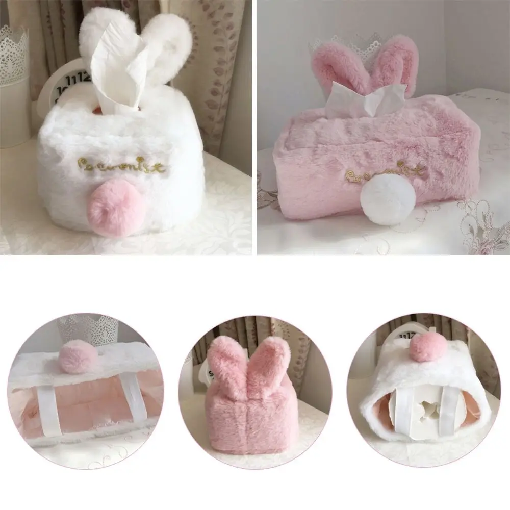 1pc Tissue Cover Cute Pink Plush Rabbit Tissues Storage Box Home Decoration Toilet Paper Holder Napkin Case