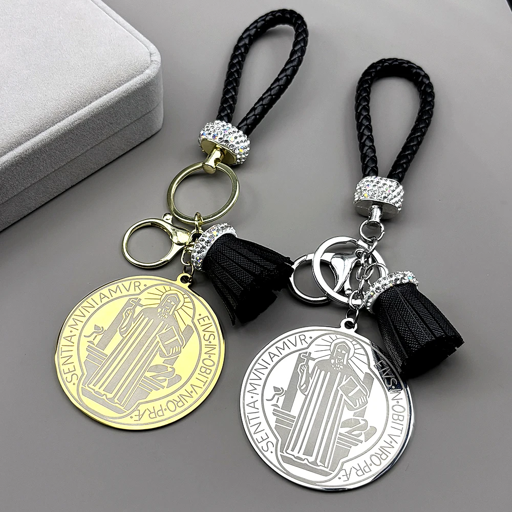 

Catholic Saint Benedict Medal Stainless Steel Key Chain for Women Men Gold Color Leather Key Ring Holder Jewelry san benito