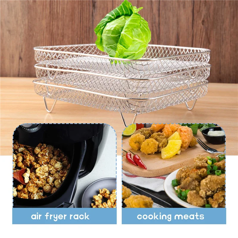 

8 Inch Air Fryer Rack Square Three Stackable Racks,Stainless Steel Multi-Layer Dehydrator Rack,Air Fryer Accessories