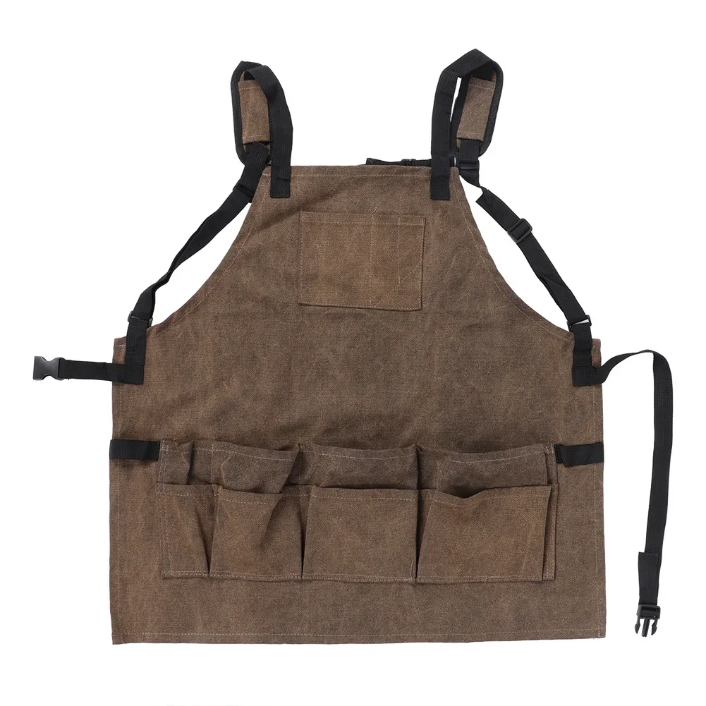 Durable Work Apron with Tool Pockets Unisex Canvas Adjustable Cross-Back Straps Apron For Gardener Carpenter Painting Home BBQ