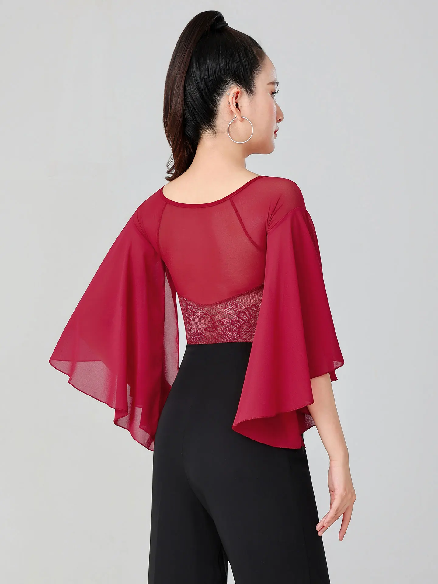 Leotardo de danza moderna, corpiño de manga flotante de encaje, Top de baile de salón de vals, ropa de baile latino