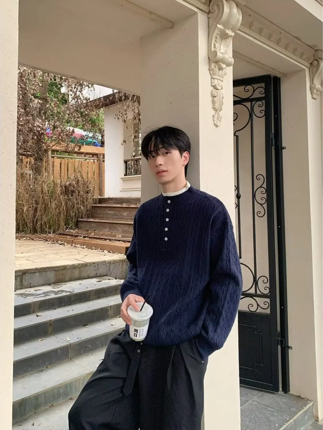 

Oaeal Colored Chunky Knit Long Sve Casual Sweater Fake Two-Piece Collar for Men Korean Sle Loose Fit Daily Wear