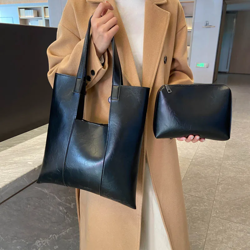 LEFTSIDE 2 Pcs/set Retro Big Shoulder Bags for Women Simple Tote Bag 2023 Winter PU Leather Hand Bag Lady Vintage Handbags