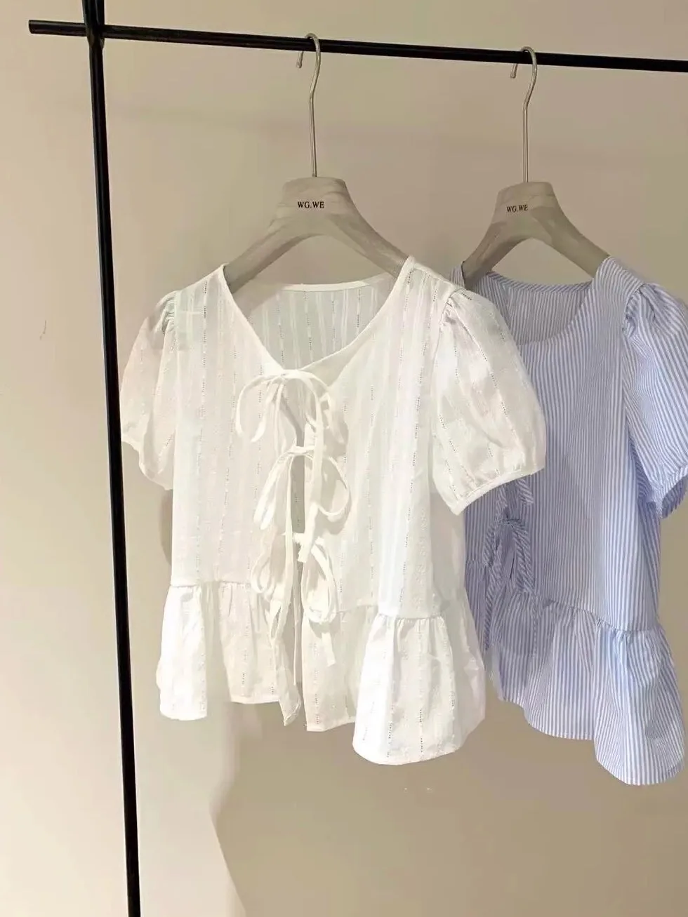 

Chic round Ne Bubble Sve Striped irt Women's Sweet Youthful Knot Tie Blouse Trendy Cotton Casual irt