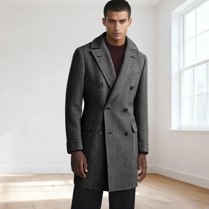 

Autumn Winter Grey men's Coat Herringbone Double Breasted Overcoat Classic Casual Warm Winter customizable Coat