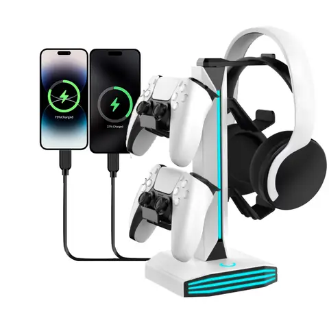 7가지 조명 모드를 갖춘 RGB 게임 컨트롤러 홀더 랙, 헤드폰 스탠드 USB 충전 2개 및 PS5/PS4/Xbox/Switch Pro용 Type-C 1개 7가지 조명 모드를 갖춘 RGB 게임 컨트롤러 홀더 랙, 헤드폰 스탠드 USB 충전 2개 및 PS5/PS4/Xbox/Switch Pro용 Type-C 1개