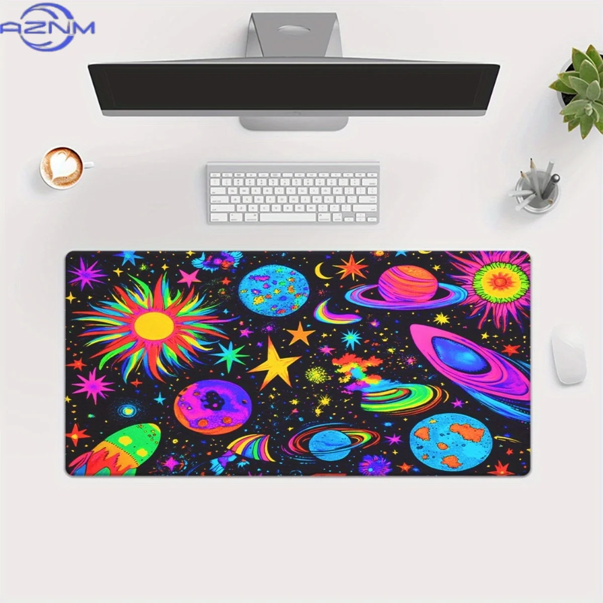 1pc XXL Cosmic Scene Desk Mat with Colorful Planets & Stars HD Print - Multi-Functional Gaming Mouse Pad & Keyboard Mat for PC,