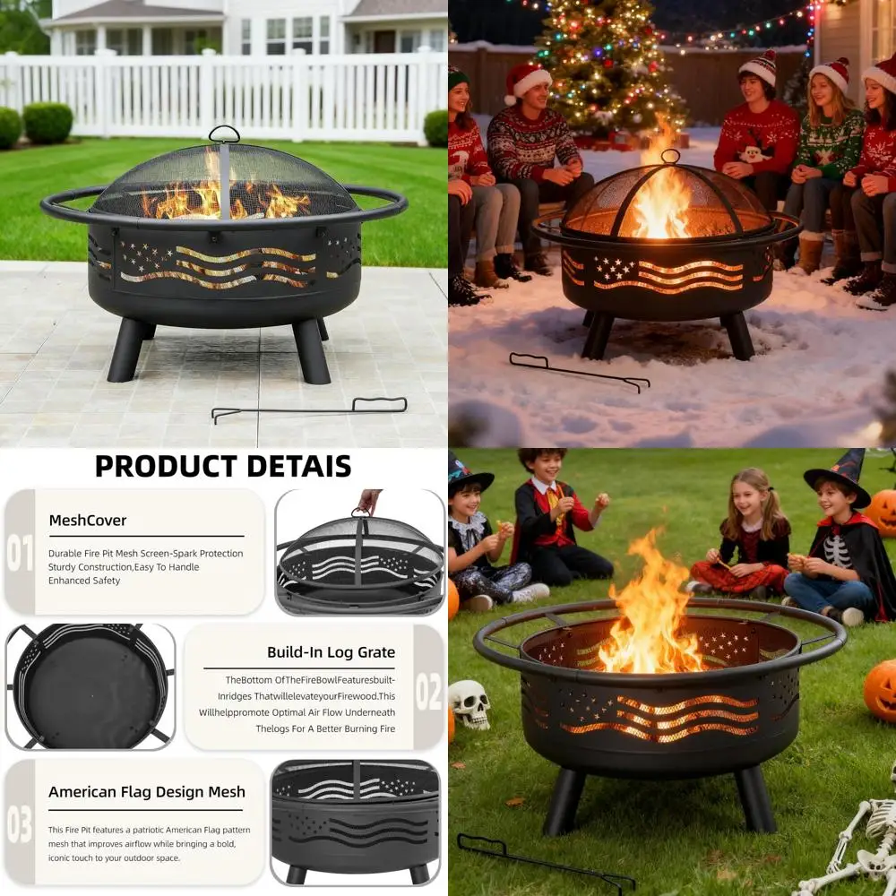 

Round 38 Inch Outdoor Wood Burning Fire Pit with Mesh Cover and Poker, Perfect for Patio, Garden, Backyard Gatherings