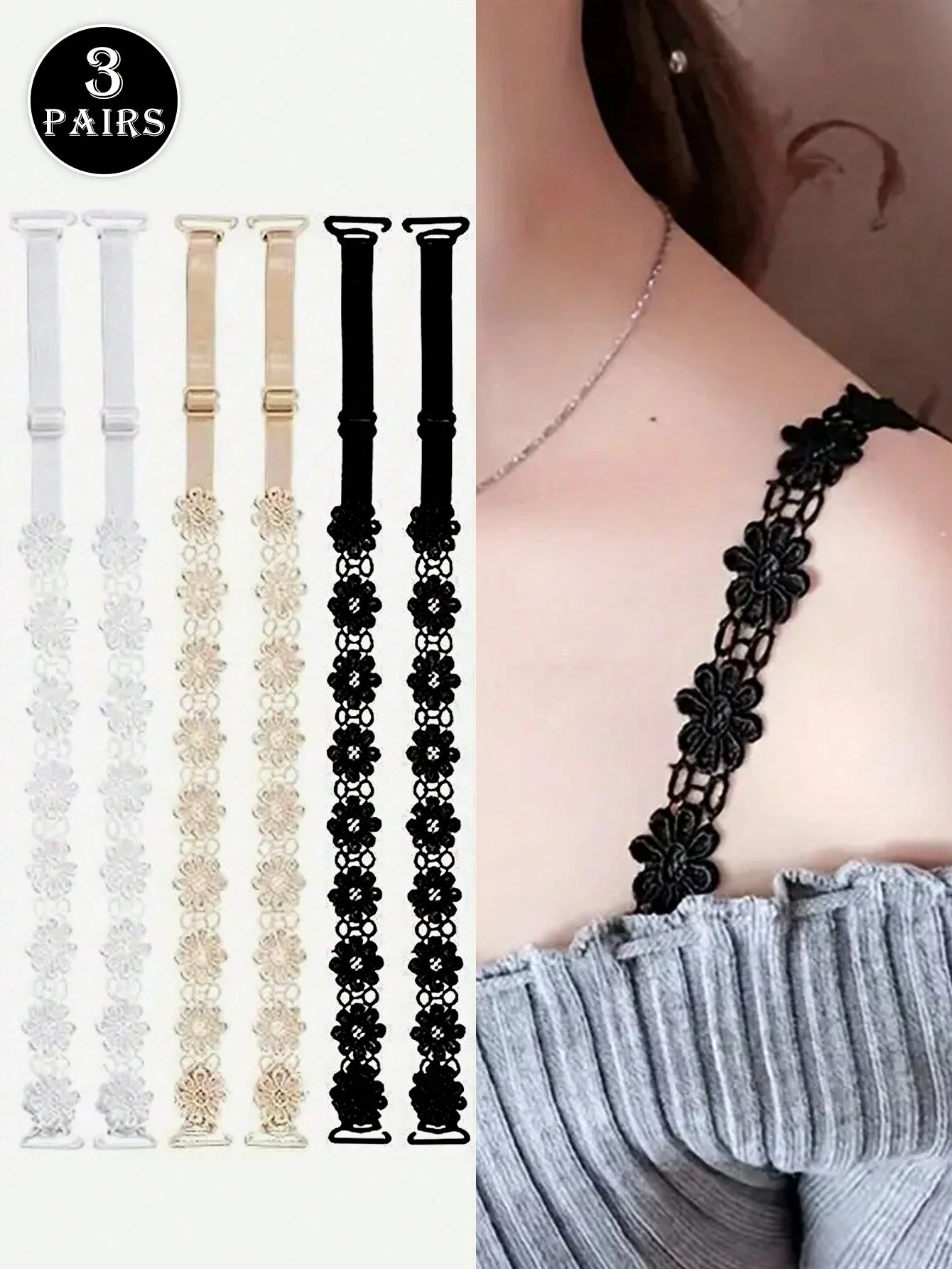 1/3Pairs Lace Flower Decor Bra Straps, Adjustable Versatile Anti-Slip Shoulder Strap For Women's Lingerie And Bra Accessories