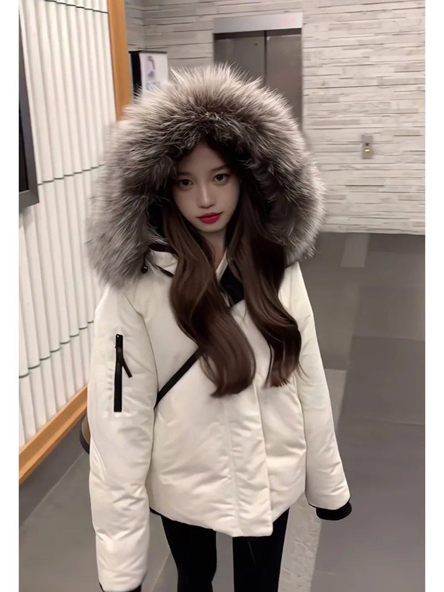 

Women's Loose Fit Parka Jaet with Fur Collar Korean Sle Autumn Winter Cotton Outerwear Zipper Sve Long Commute Sle