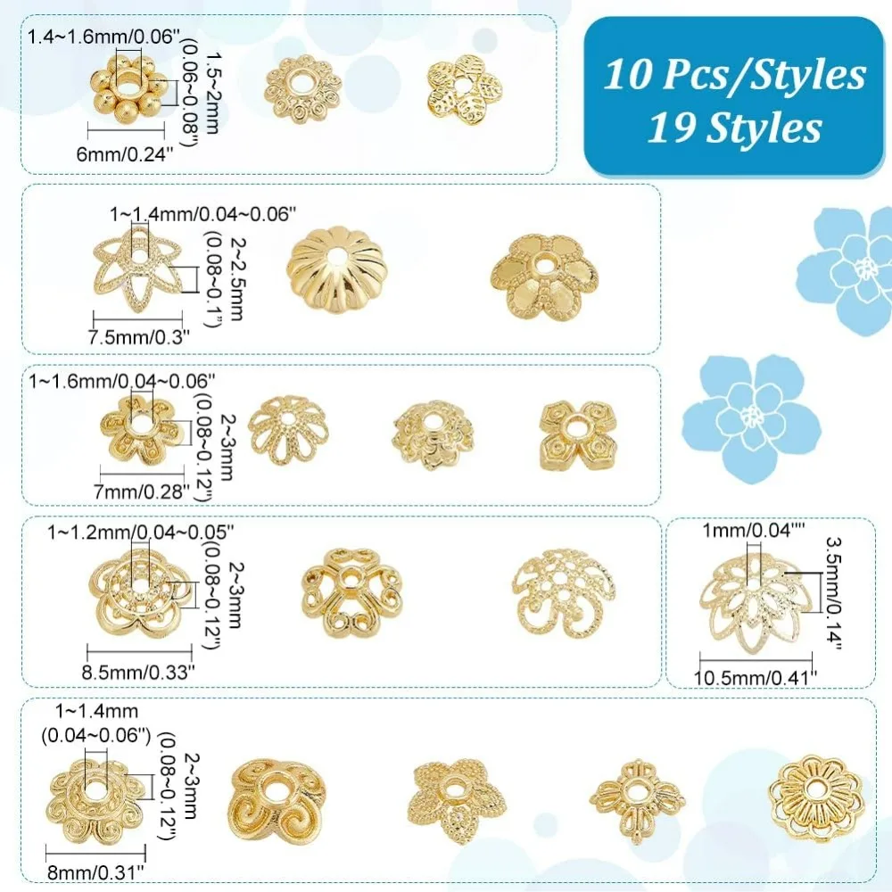 190pcs 19 Styles Flower Spacer Bead Caps Brass Bead Cap Spacer Round Flower Cup Beads Hollow Petal Spacer Beads for Jewelry