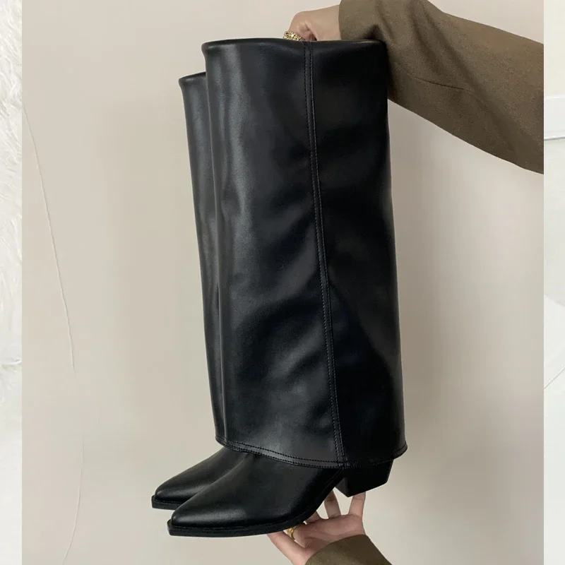 Eilyken Lente Herfst Puntige Neus Kniehoge Laarzen Vrouwen Designer Vintage Vierkante Lage Hakken Schoenen Moderne Lange Botas Para Mujer