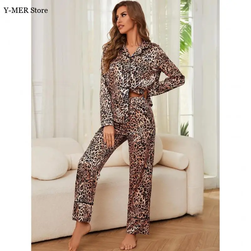 Conjunto de pijamas de leopardo de luxo 2 peças pijama de cetim de seda falsa pijamas femininos camisa de manga longa calças roupas para casa pijamas mujer pjs