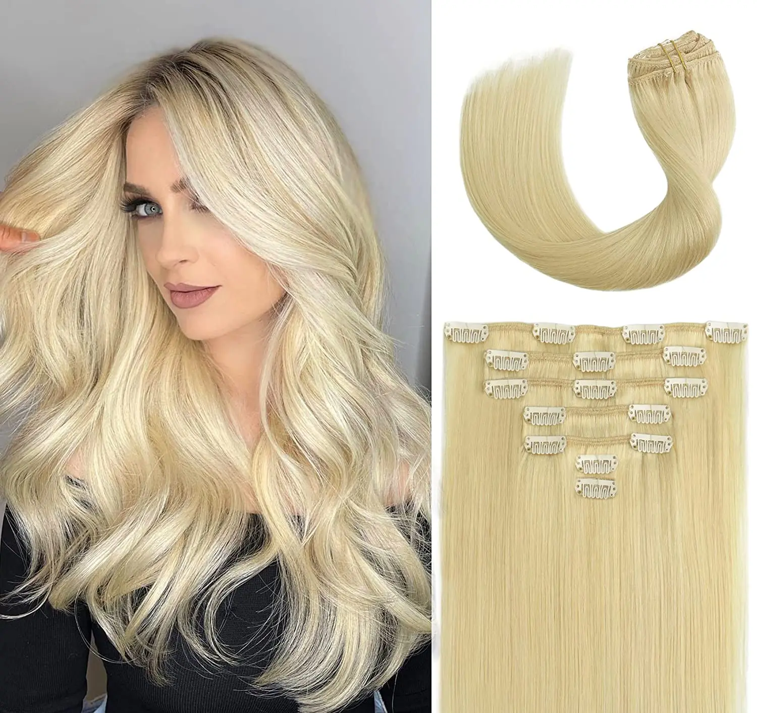 Clip In Human Hair Extensions Blonde Brazilian Remy Straight Clips On Hair 7 Pieces/Set Full Head 120G Clips Hair For Women