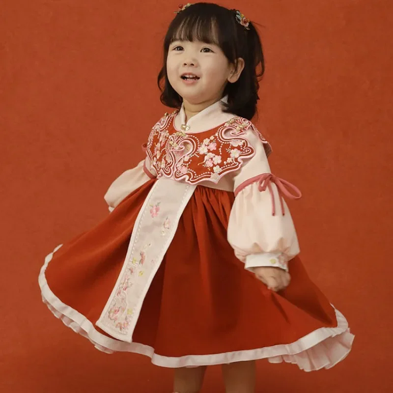 

2023 Autumn Winter Kawaii Stand Collar Cloud Shoulder Ruffled Puff Sleeves Hanfu Dress Girls Improved Chinese Children Dresses