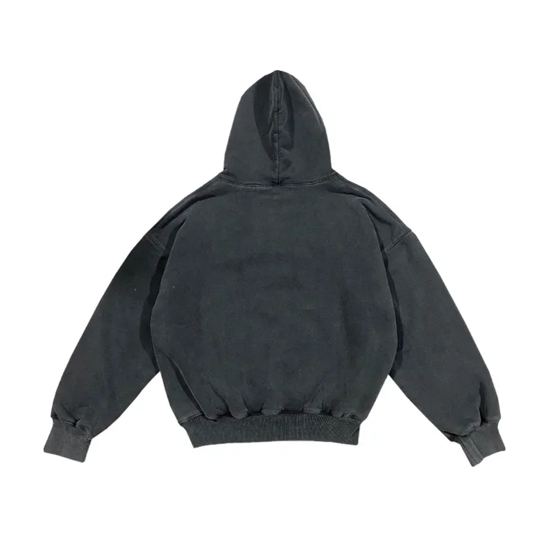 

High Street Winter Best Quality Double Layer Kanye West Hoodie Heavy Fabric Pullover Vintage Washed Black Oversized Hooded