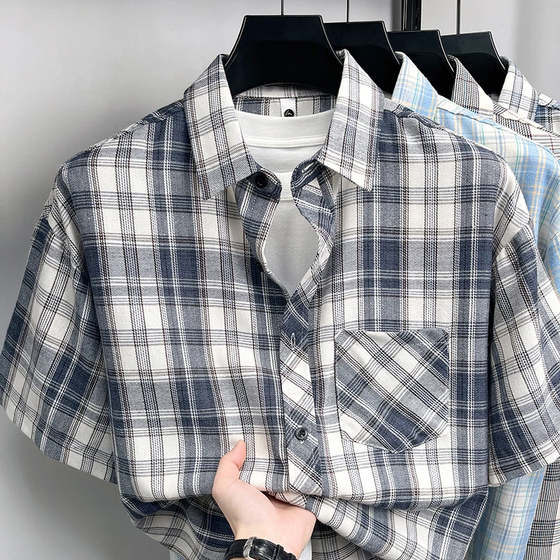 

Summer New Plaid Shirt Men's Short Sleeved Casual Style Thin Breathable Lapel Top