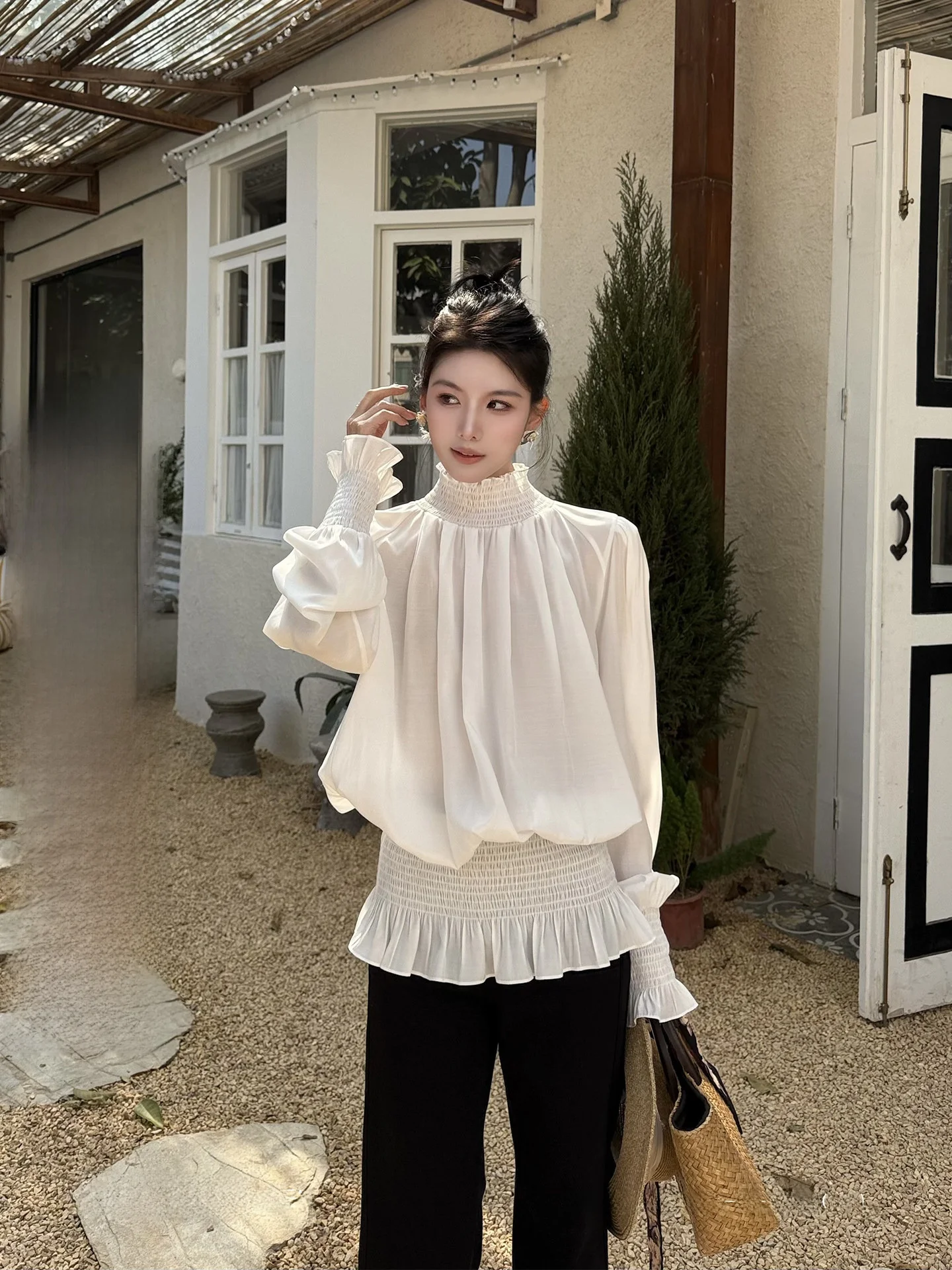 

Женский топ Liliya Jiang Wen с рюшами и рукавами-фонариками, модный, антивозрастной, для официальных мероприятий, с коротким рукавом и высоким воротником, тренд 2026 года