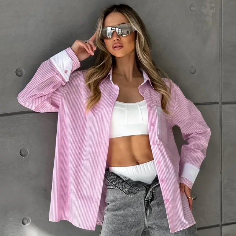 Trendix Pink Striped Shirt For Women Fashion Patchwork Long Sleeve Casual Pocket Shirts 2024 Autumn Street Loose Trendy Cardigan
