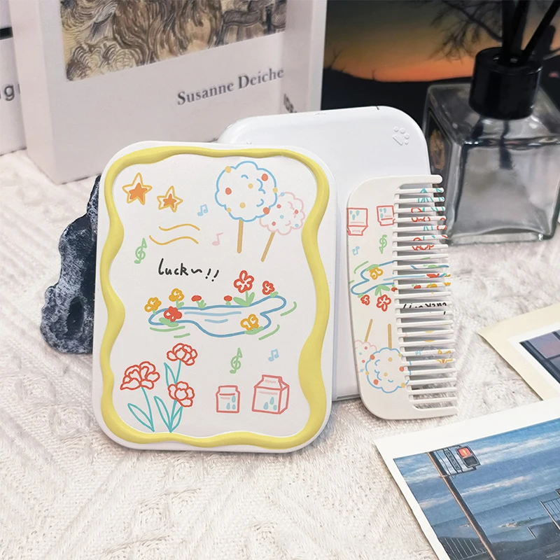 Clouds And Flowers Flip-Top Folding Makeup Mirror Portable Pocket Mirror Women Rectangle Cosmetic Make Up Mirror With Comb