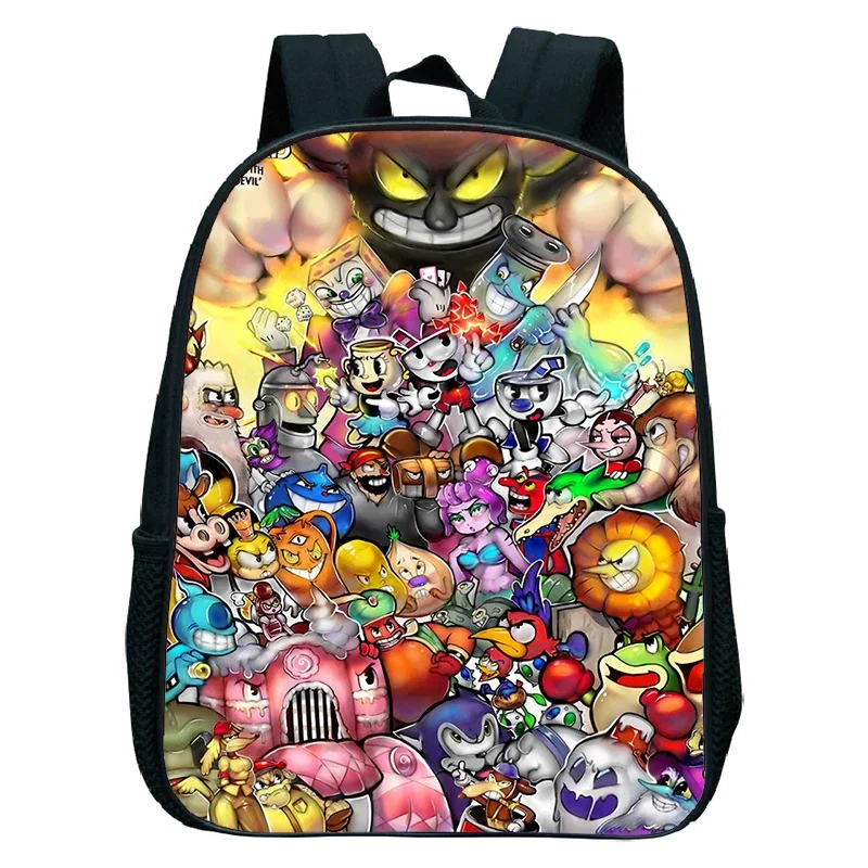 Cuphead Cartoon Print School Bags Toddler Boys Kindergarten Backpack 12 Inch Waterproof Bookbag Girls Anime Backpack Kids Bags