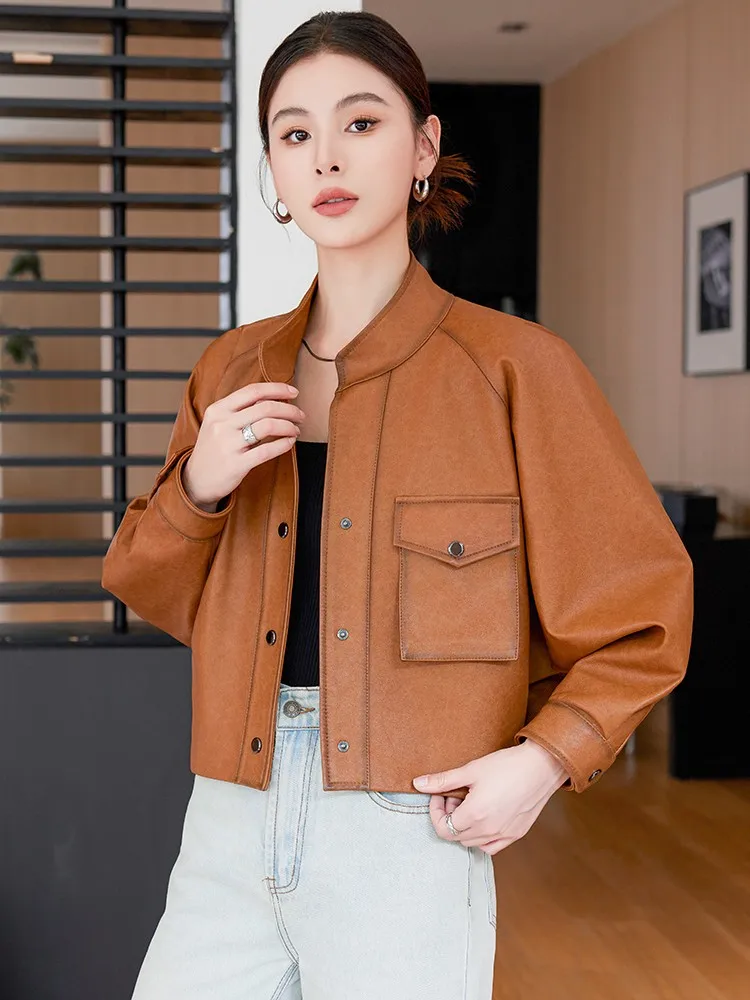 Women Natural Sheepskin Stand Collar Short Jacket Single Breasted Brown Batwing Sleeve Genuine Leather Coat Motorcycle Jackets