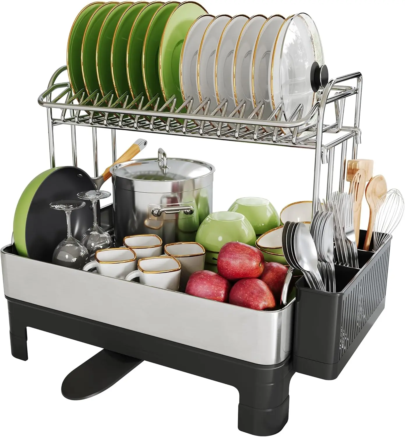 

Очень большой двухуровневый сушилка для посуды из нержавеющей стали с поддоном, устойчивый к ржавчине и экономящий место, для кухонной столешницы