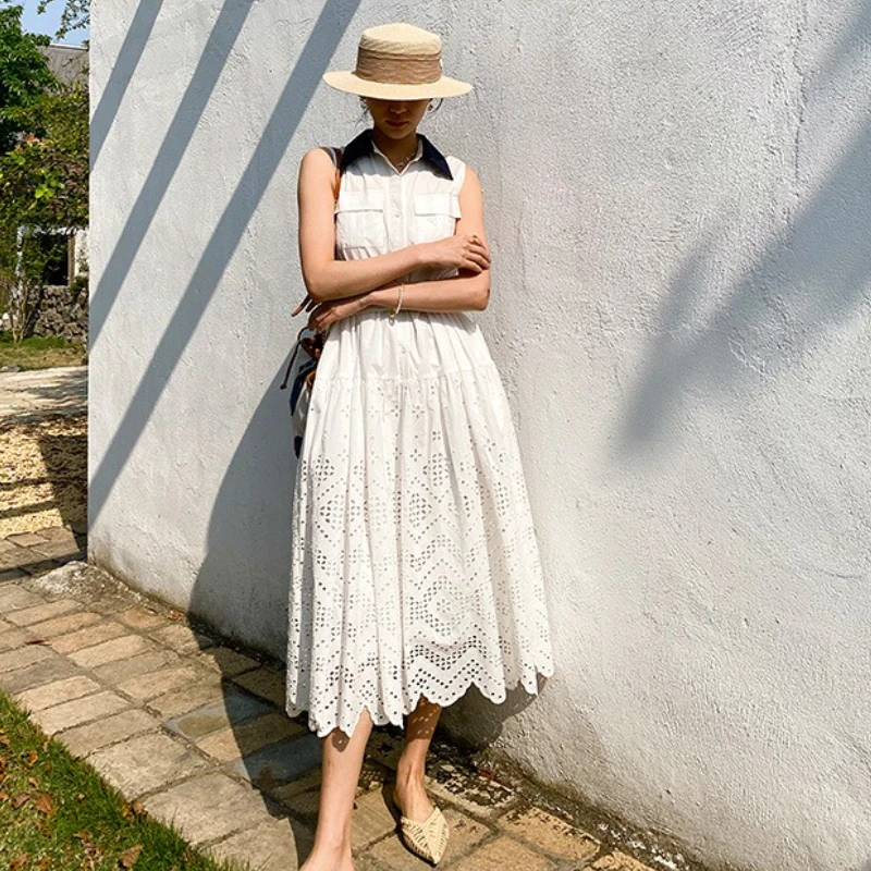 Sleeveless Eyelet Embroidered Midi Dress with Belted Waist & Shirt Collar Summer Vintage A-Line Women Dress Casual & Vacation