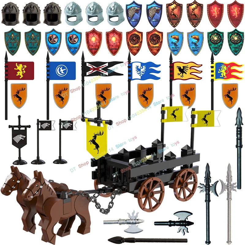 Military Cavalry Medieval Knight Figures Building Blocks Weapons Accessories Helmet Shield Spear Flag Educational Toys PJT054