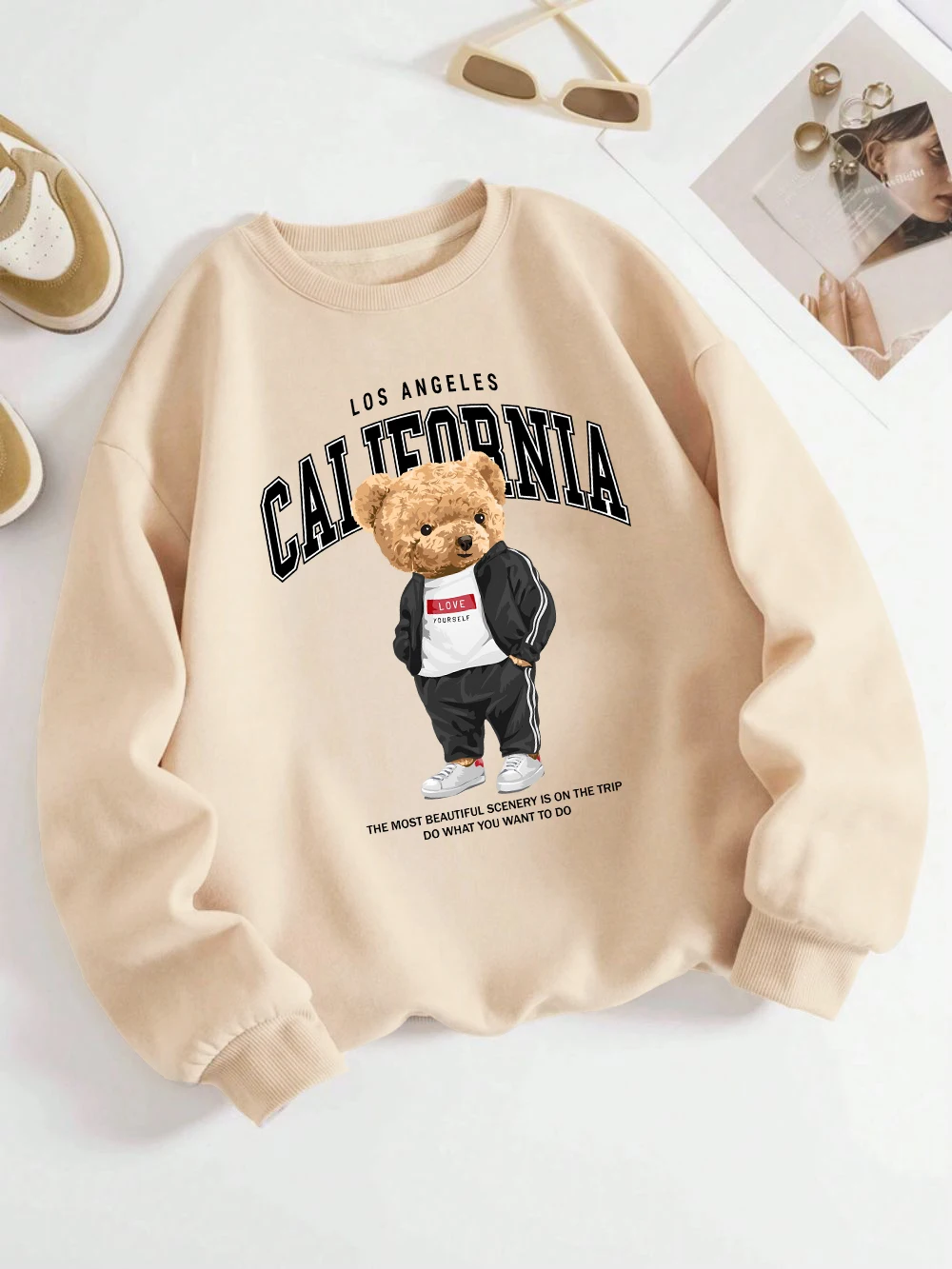 Fashion Women\'S Sweatshirt California Los Angeles Letter Bear Printed Pullover Soft Breathable Loose Hoodie Autumn Streetwear