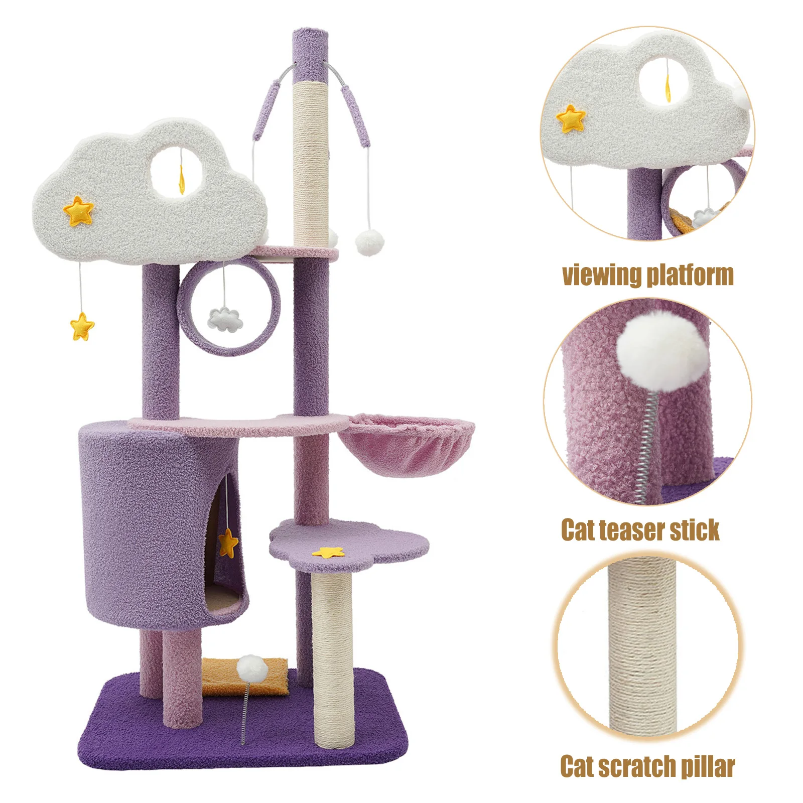 

44.09 lbs Climbing Frame Cute Purple Cat Tree chipboard flannel sisal 3 jumping platforms multiple scratching posts 4 pom-poms