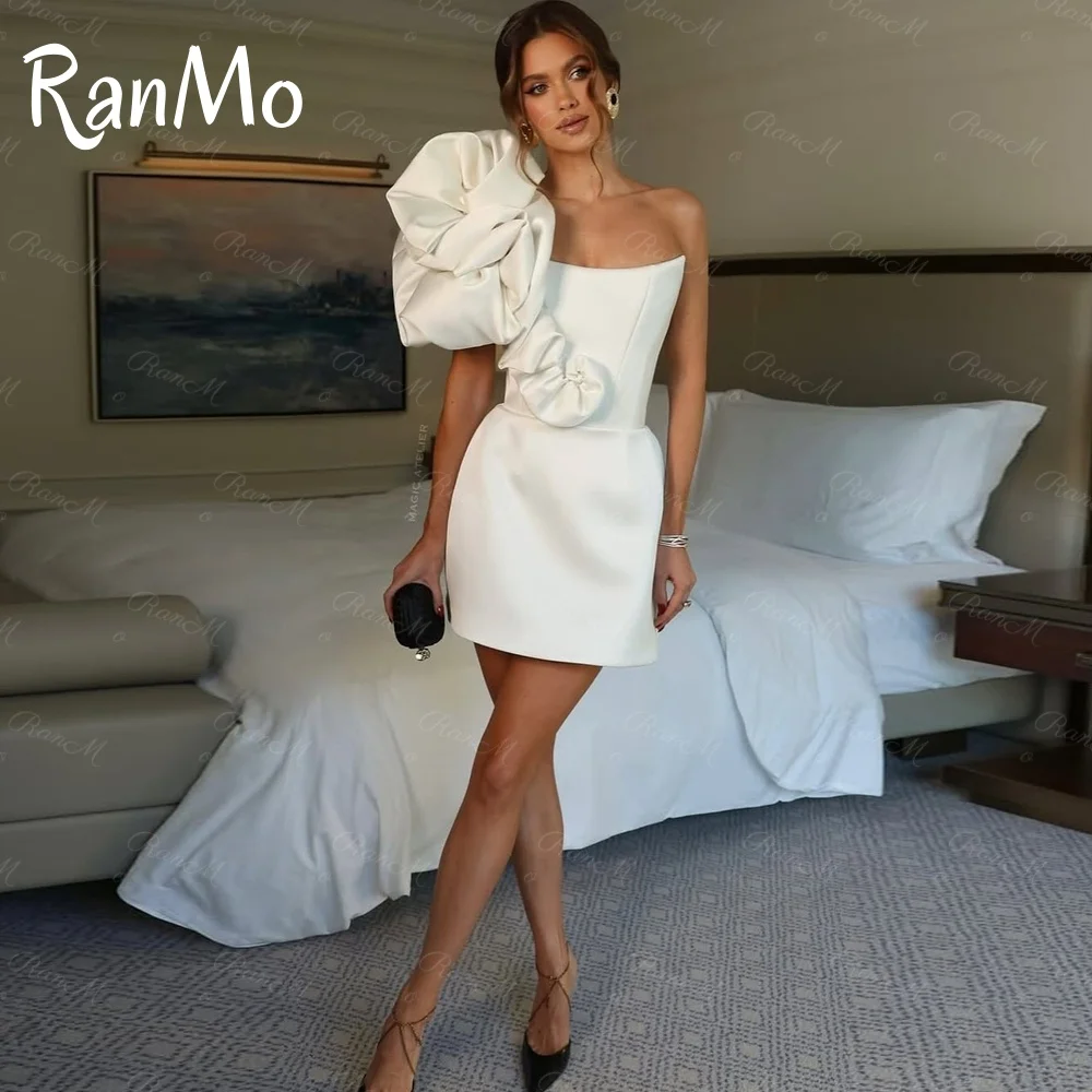 Ranmo カスタマイズされたセクシーな高品質カジュアル絶妙なクラシックジャージ手作りフラワーストレートワンショルダーミニドレスウエディングドレス