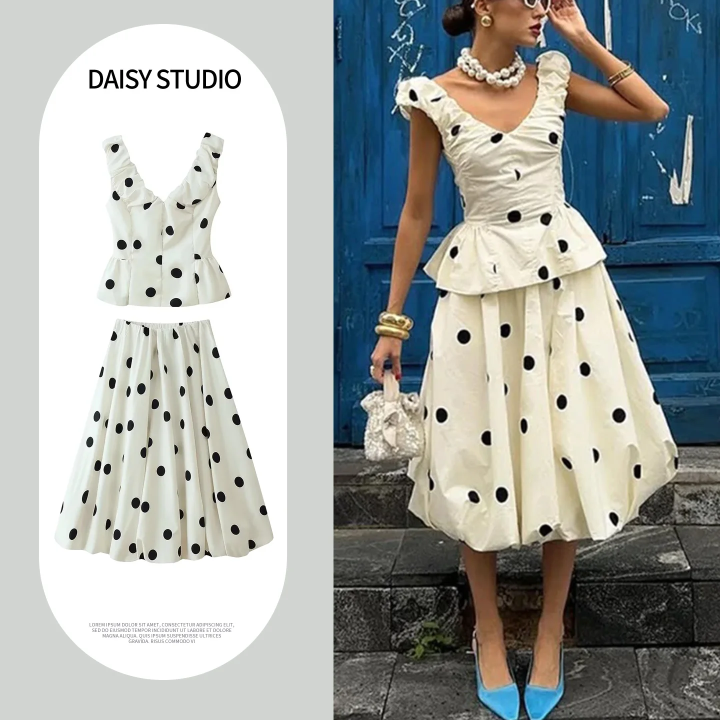 

Summer New Women's Casual Style V-neck Sleeveless Zipper Polka Dot Print Blouse Flower Bud Shape Half Skirt Two-piece Set