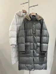 Women's Quilted Fluffy Hooded Jacket with Zipper, Long Goose Down Coat