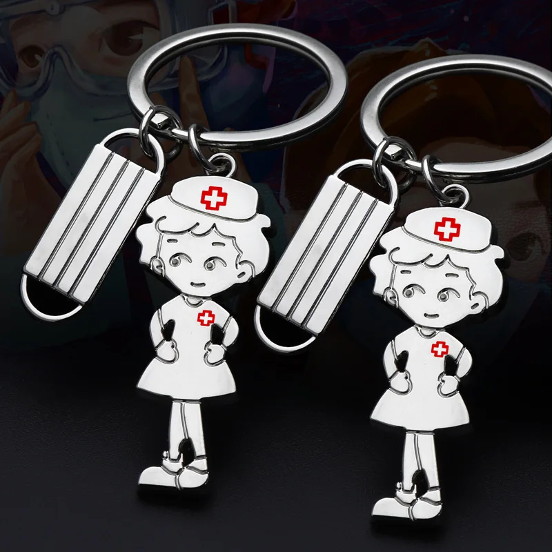 Cartoon Mini Nurse Keychain Metal Split Key Holder Pendant Diy Craft Bag Backpack Ornament Keyring For Nurse Day Souvenir Gift