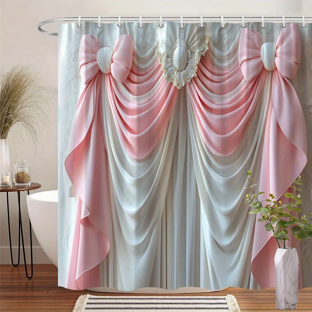 Elegant White & Pink Drapery Shower Curtain - Symmetrical Satin Bows, Floral Embroidery, Ribbon Detail, 12 Hooks, Ideal Gift